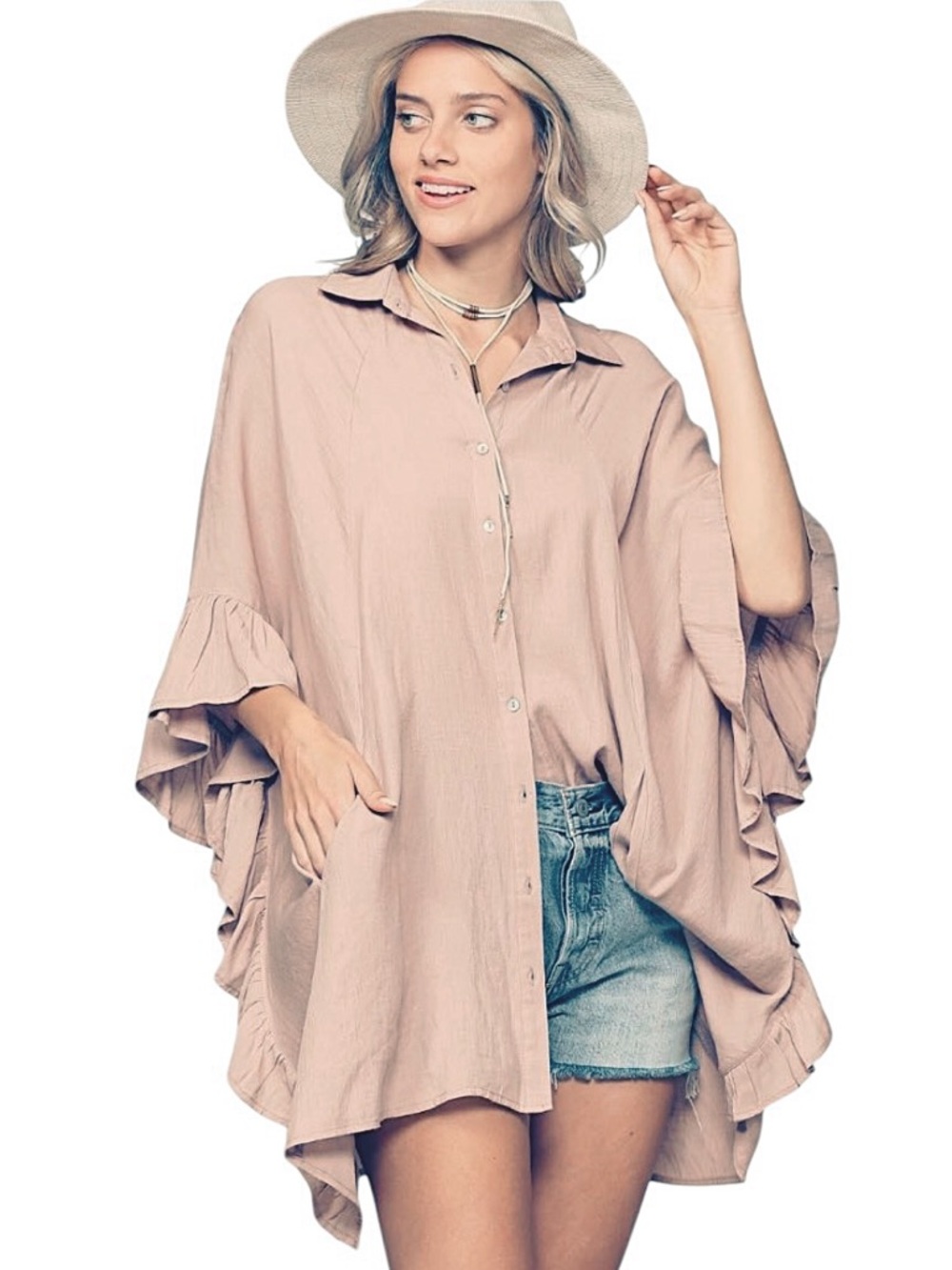 New Kye Mi Mauve Pink Ruffle Sleeve Rayon Crinkle Oversize Fit Button Up Shirt